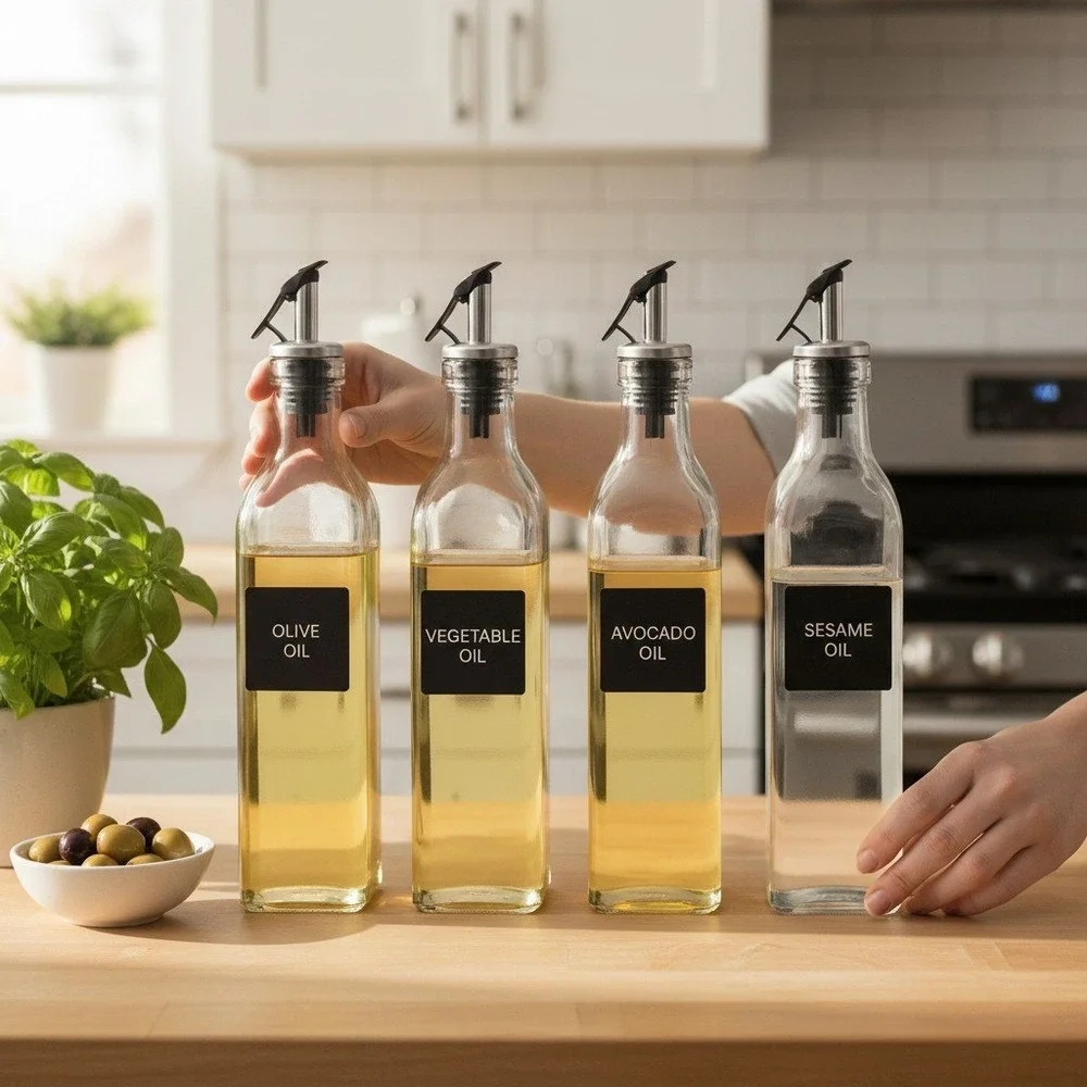 Glass Oil Dispenser Set 4 Pack Clear Square Bottles Kitchen New